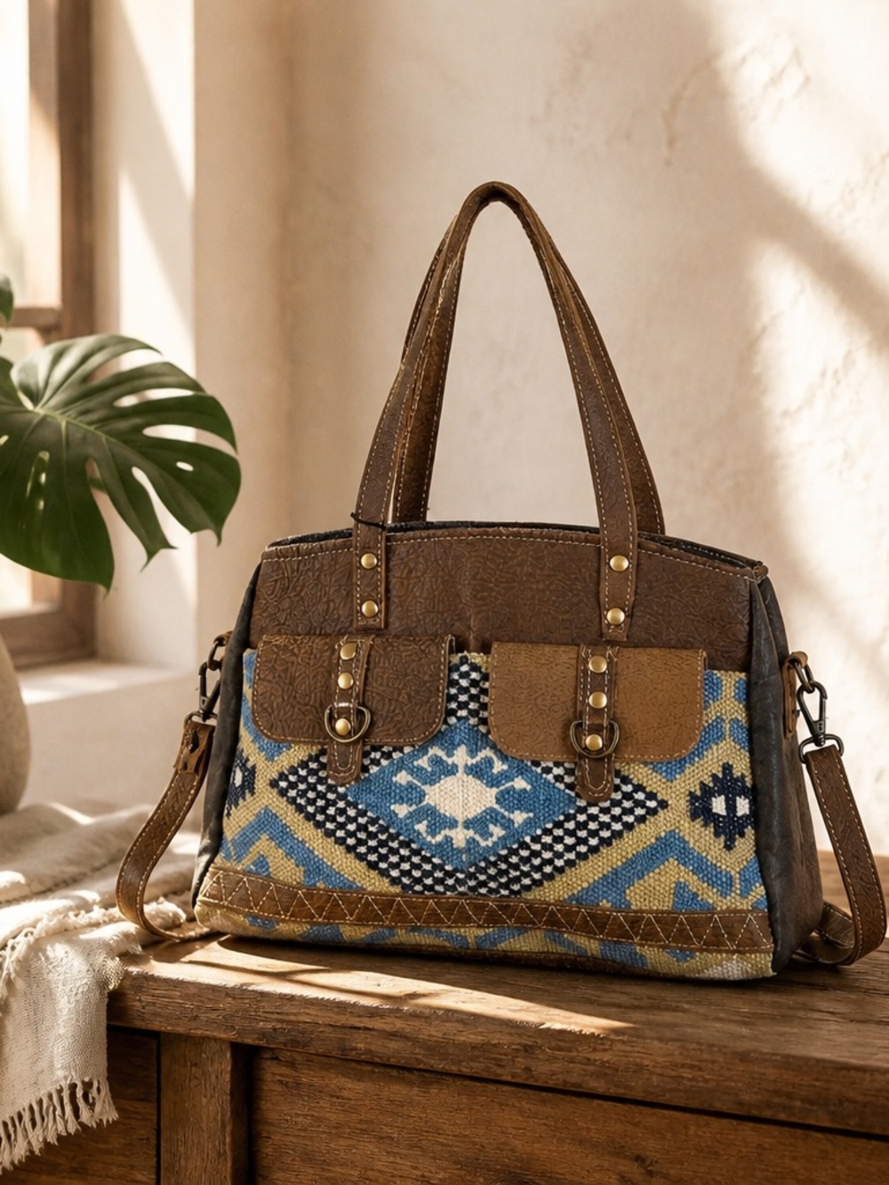 Myra Bag Crossbody tote Boho Woven Pattern Satchel Tote - Brown & Blue